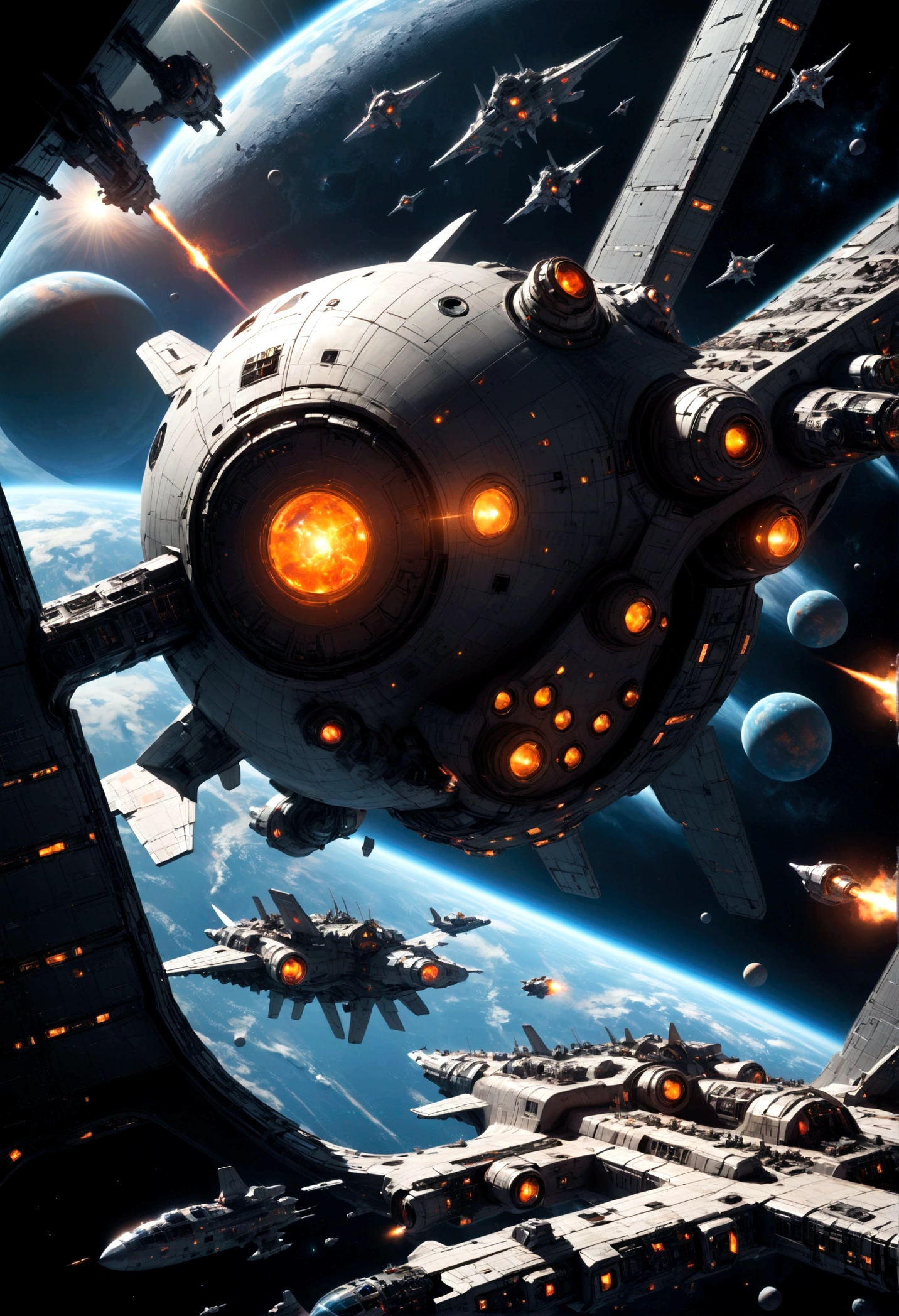 Space War, high quality, space pirates fleet attacking a giant imperial space station :: futuristic space combat, space combat, spaceships, space station, a supernova in the background, explosions, lasers, dogfight, space armada, space battle, outer space, sci-fi, by Ivan Laliashvili, concept art, environment concept art, best of artstation, cgsociety, rule of thirds, asymmetrical composition, cinematic lighting, cinematic shot, oil on canvas, clean strokes, 8k resolution, highly detailed, masterpiece, best quality, very aesthetic, absurdres