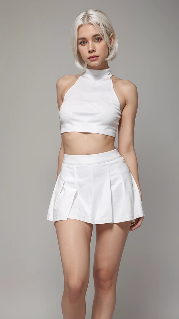 Make a full body woman with white hair, wearing a croptop and small skirt
