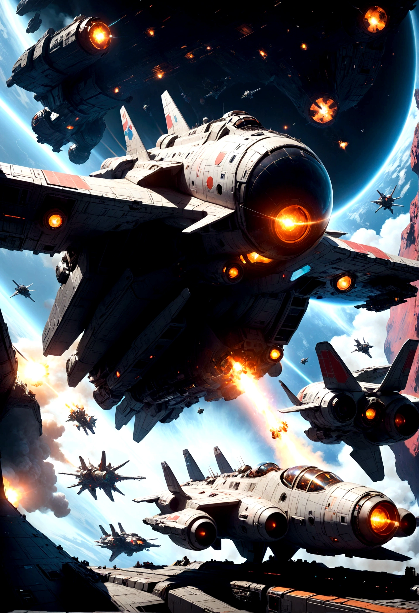 Space War, high quality, space pirates fleet attacking a giant imperial space station :: futuristic space combat, space combat, spaceships, space station, a supernova in the background, explosions, lasers, dogfight, space armada, space battle, outer space, sci-fi, by Ivan Laliashvili, concept art, environment concept art, best of artstation, cgsociety, rule of thirds, asymmetrical composition, cinematic lighting, cinematic shot, oil on canvas, clean strokes, 8k resolution, highly detailed, masterpiece, best quality, very aesthetic, absurdres