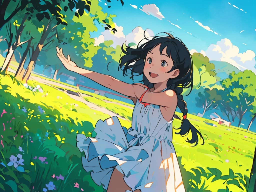 Reasonable design, Clear lines, High Sharpness, (Highest quality,8K,Perfect sharpness,Ultra fine,High resolution,masterpiece:1.2), Perfect Anatomy:1.5, Official Art, Illustrations that tell a story, (Whitish background:0. 9)、Body Positivity、多Mr.な身体表現、(Random and energetic poses)、Perfect beauty、Perfect beautiful face、Strong winds、A rich expression、Dynamic composition、smile、Golden ratio composition、colorful、((Mr.々Different angles and perspectives))、Anime Art、(Mini dress)、(Overcoming stereotypes)、 Glowing Skin、(Natural beauty)、smile、Bangs、(Soft and flowing hair)、(countryside)、(Nostalgic atmosphere)、Put it up to your thighs、(Playful and carefree)、(多Mr.な民族のキャラクター)、(innocent attitude)、(Sunny atmosphere)、(The skirt flutters wildly in the wind)、(Bright colors)、Beautiful Eyes、(Embarrassing)、Braided Hair、Summer Scene、Smiling among flowers、Side angle、