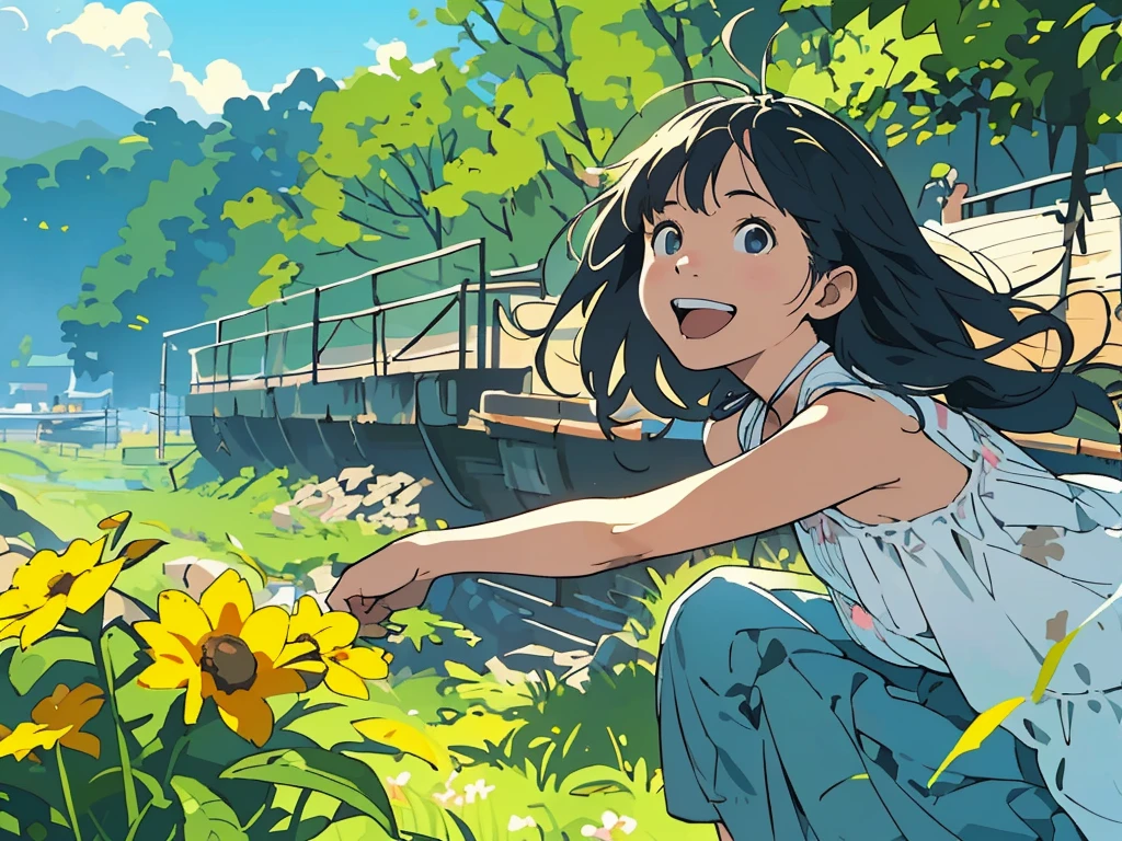 Reasonable design, Clear lines, High Sharpness, (Highest quality,8K,Perfect sharpness,Ultra fine,High resolution,masterpiece:1.2), Perfect Anatomy:1.5, Official Art, Illustrations that tell a story, (Whitish background:0. 9）、Body Positivity、多Mr.な身体表現、（Random and energetic poses）、Perfect beauty、Perfect beautiful face、Strong winds、A rich expression、Dynamic composition、smile、Golden ratio composition、colorful、（(Mr.々Different angles and perspectives)）、Anime Art、(Mini dress)、（Overcoming stereotypes）、 Glowing Skin、（Natural beauty）、smile、Bangs、（Soft and flowing hair）、（countryside）、（Nostalgic atmosphere）、Put it up to your thighs、（Playful and carefree）、（多Mr.な民族のキャラクター）、（innocent attitude）、（Sunny atmosphere）、(The skirt flutters wildly in the wind)、（Bright colors）、Beautiful Eyes、(Embarrassing)、Braided Hair、Summer Scene、Smiling among flowers、Side angle、