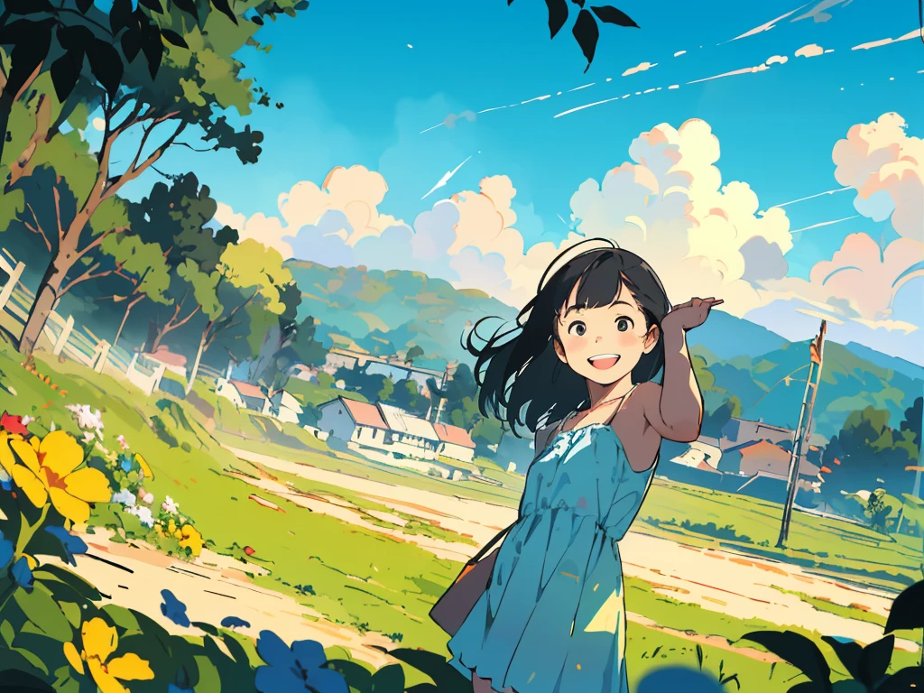 Reasonable design, Clear lines, High Sharpness, (Highest quality,8K,Perfect sharpness,Ultra fine,High resolution,masterpiece:1.2), Perfect Anatomy:1.5, Official Art, Illustrations that tell a story, (Whitish background:0. 9)、Body Positivity、多Mr.な身体表現、(Random and energetic poses)、Perfect beauty、Perfect beautiful face、Strong winds、A rich expression、Dynamic composition、smile、Golden ratio composition、colorful、((Mr.々Different angles and perspectives))、Anime Art、(Mini dress)、(Overcoming stereotypes)、 Glowing Skin、(Natural beauty)、smile、Bangs、(Soft and flowing hair)、(countryside)、(Nostalgic atmosphere)、Put it up to your thighs、(Playful and carefree)、(多Mr.な民族のキャラクター)、(innocent attitude)、(Sunny atmosphere)、(The skirt flutters wildly in the wind)、(Bright colors)、Beautiful Eyes、(Embarrassing)、Braided Hair、Summer Scene、Smiling among flowers、Side angle、