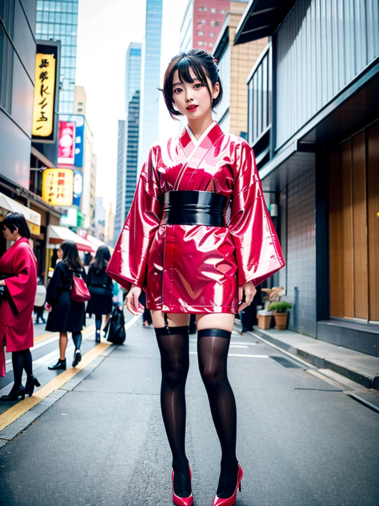 high quality, high resolution, Scenery of the city,Lots of girls,She is wearing a long-sleeved kimono made of super shiny enamel fabric.,The girls in the background are all wearing furisode kimonos made from super shiny enamel fabric.,全ての振袖は腰から下が腰まで切れ上がった超High legレオタードになっている,Wearing black shiny stockings,The color of the kimono is random,Heavy brainwashing makeup,Dark eyeshadow,Shiny red lipstick,Long-sleeved leotards are everyday wear,High leg,Bite