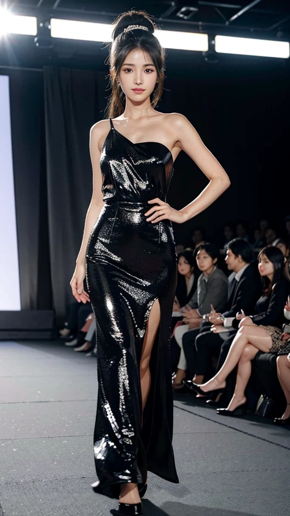 8K high-definition,Beautiful model walking on the catwalk,Perform modeling steps。Wear stylish dresses,Rose long dress,Princess dress,Gorgeous vintage court-style dress,Long skirt,maxiskirt,Large hem,The hem of the long skirt is close to the floor,The style is a fashion week haute couture dress,Advanced customization,Private customization,Fashion show model,Big show,There are tulle jewelry on the skirt。A necklace is worn around his neck,short detailed hair,Hair coiled up,Headwear,largeeyes,Very beautiful and moving,There is only one female model,Women make up a large percentage of the picture,The catwalk is covered with roses,The background is covered with roses,The female model had a smile on her face,standing on your feet,The posture is elegant and dignified,Realistic photo images