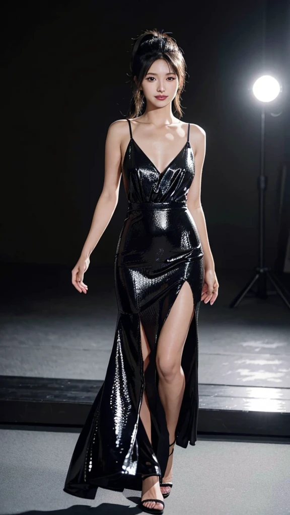 One Woman,Full body photo,Tabletop, Best image quality, high quality, The background is clear,Beautiful woman, Japanese, detailed, detailed eyes, detailed skin, Beautiful Skin, 超High resolution, (reality: 1.4),Very beautiful woman, A slightly younger face, Beautiful Skin, thin, (Ultra-photorealism), (High resolution), (8K), (非常にdetailed) (Beautiful and detailed eyes), (非常にdetailedな), (detailed face), Displaying the viewer, Fine details, detailed face, Staring straight ahead, Staring straight ahead, Photo Real, Bright lighting, Professional Lighting, Black Hair,ponytail, 23 years old,髪型はponytail,ロングponytailの髪型,smile,Wearing a beautiful long dress、Walking the runway at a fashion show、on stage