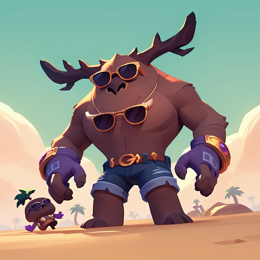 a dark creature resembles a living tree trunk, wearing sunglasses, wearing shorts and purple gloves