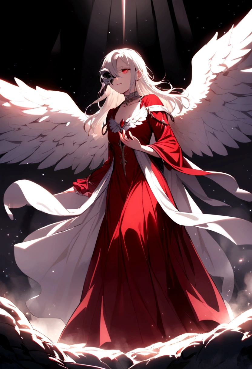 Singer wearing white half mask, grand angel wings, Long red dress, Innocence