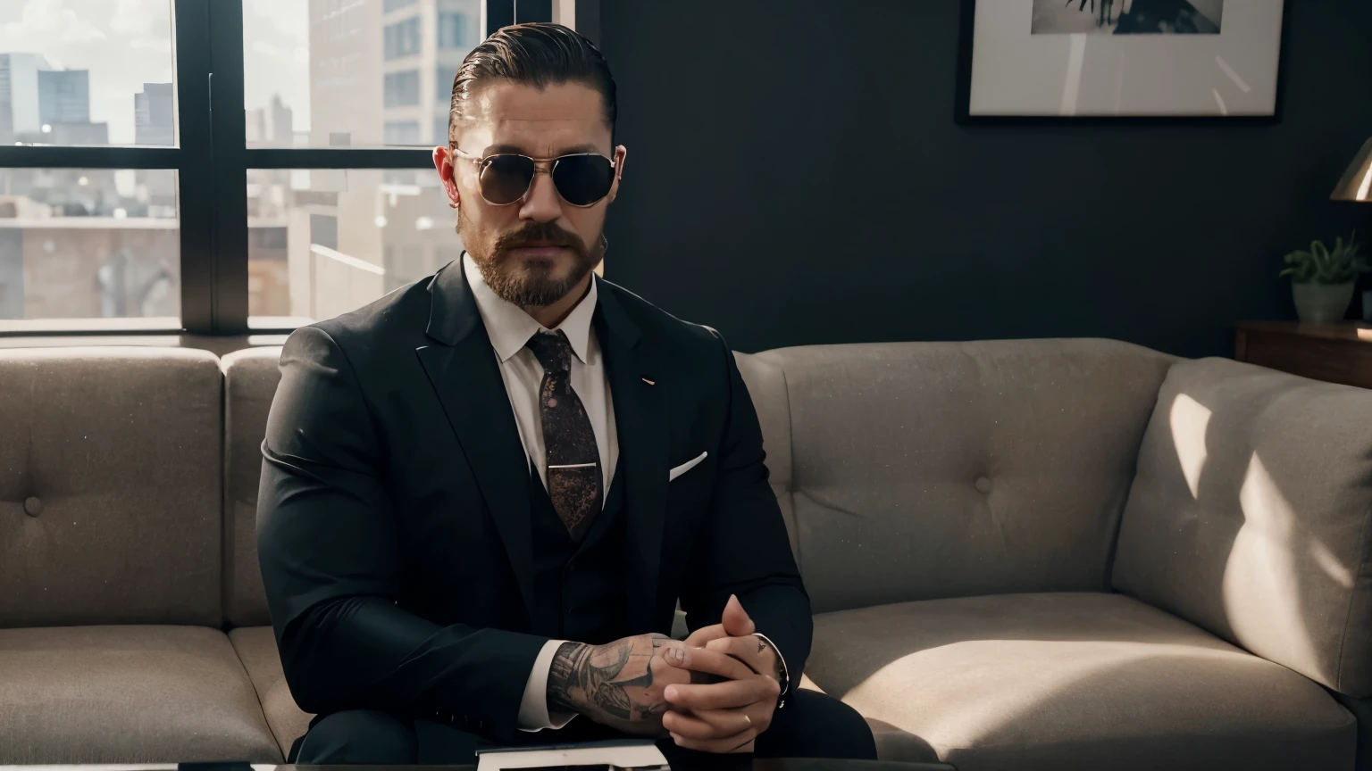 selfie , of a manly man strong and handsome , looking like tom hardy ,businessman , american man,  with big moustache and beard , dressed in a suit and sunglasses , youtuber , in a bright living room , youtuber ambiance, influencer , ultra detail, high resolution, ultra detailed, best quality, amazing, top quality, extremely detailed CG unity 8k wallpaper, cinematic lighting, 