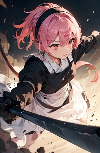 (((Highest quality)))(((High resolution)))((detailed))((Attention to detail))(Draw the whole body)cute, Pink Hair, (black and white maid outfit,White apron, Headband), (Fighting with a large sword in hand), Holding a sword, Burning Battlefield, A strong enemy in front of me, His clothes are slightly torn after being attacked., The clothes are dirty, ((Clothes are dirty with soot and mud:1.4))((服がTatteredquality:1.4)), fierce fighting, Tattered, Covered in mud, Covered in soot, sparks, Fighting desperately, (全身Tattered),