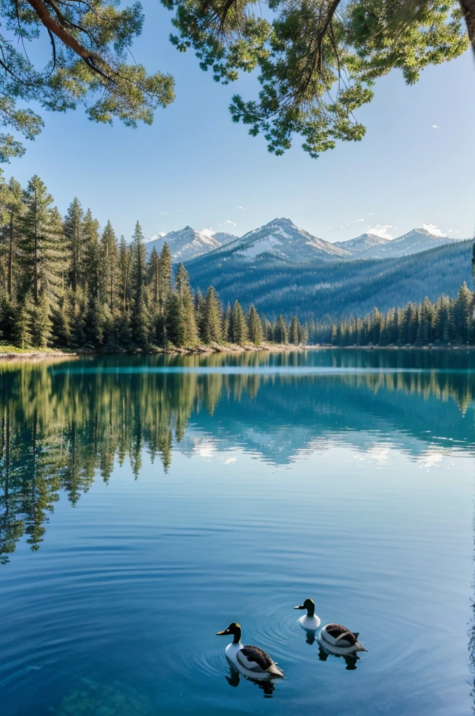 "A serene lake surrounded by dense pine forests, with mountains in the background under a clear blue sky. The water is calm and reflects the surrounding scenery like a mirror. There are a few fluffy white clouds scattered in the sky, and a family of ducks is swimming near the shore. The sunlight filters through the trees, creating dappled shadows on the ground."