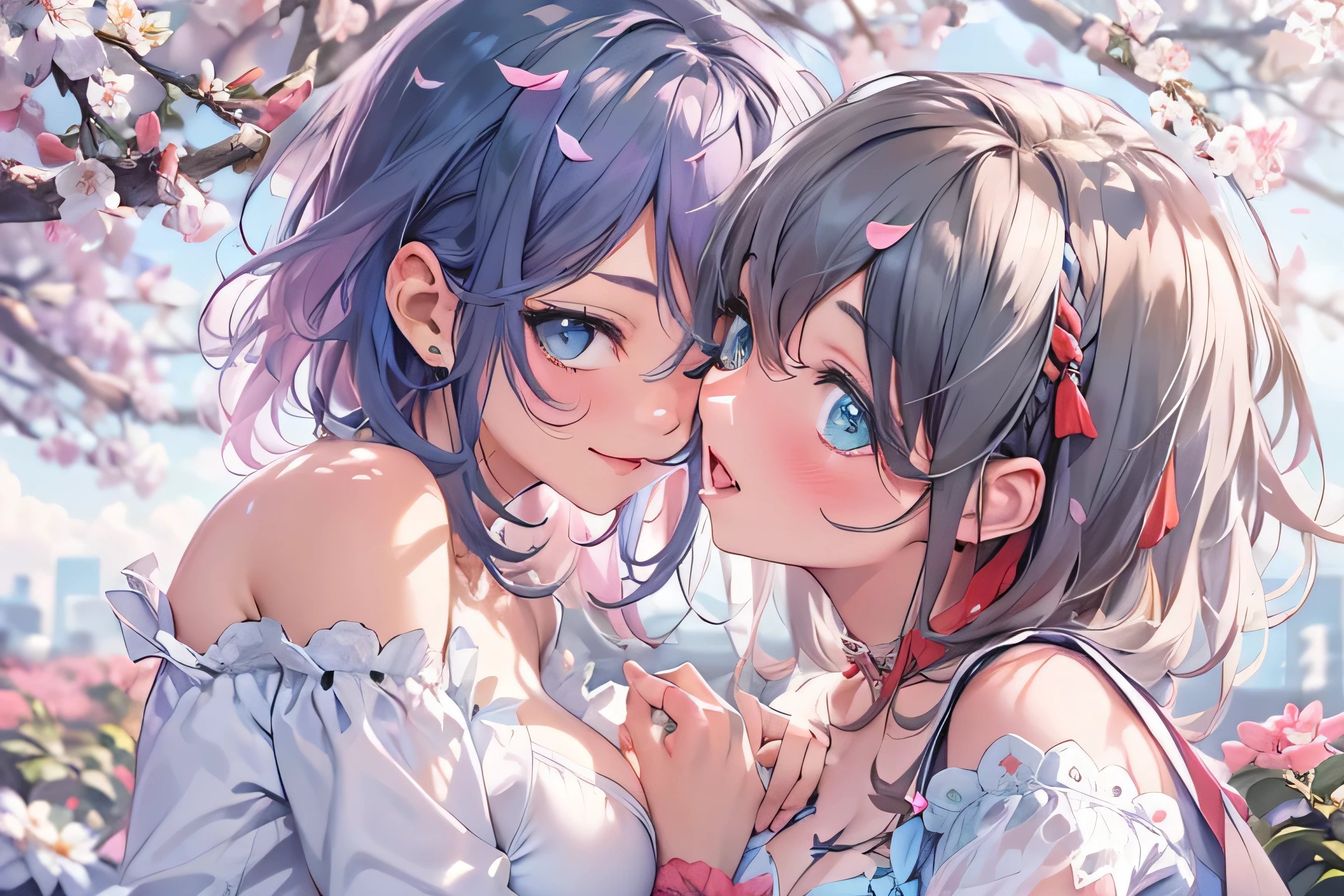 (Cute 2girls:1.5), anime visual, extremely delicate face, soft clean focus, realistic lighting and shading, (an extremely delicate and beautiful art:1.3), nsfw, (one girl with pale purple hair, wavy two braids, blunt bungs hair, green and black eyes,flat chest :1.4), (othergirl with white blue hair, ponytail hair, blue eyes, small breast :1.4),nsfw,nude,cute nipples, two girl are kissing, picnic kiss,