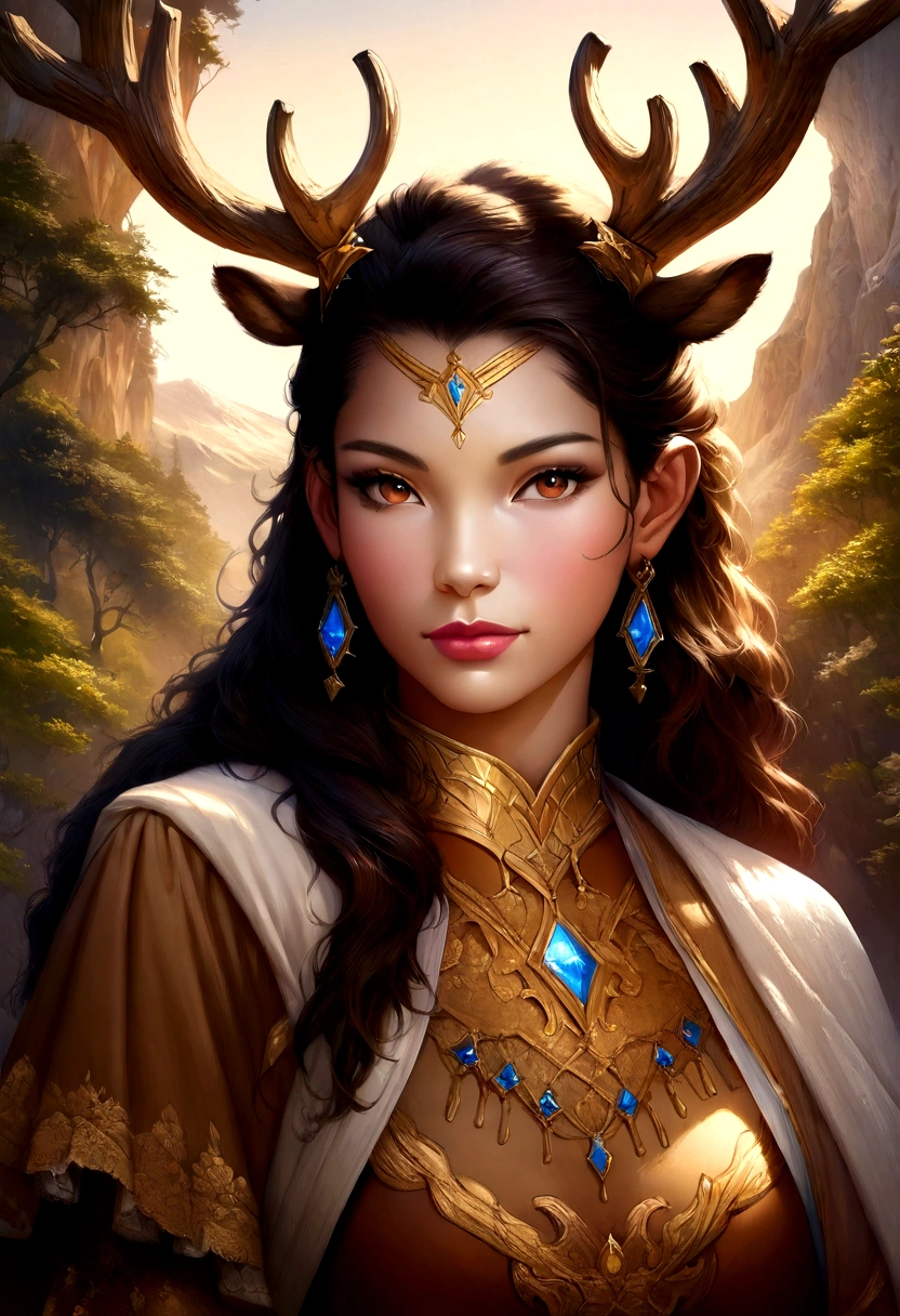 (reindeer),oil,Beautiful natural scenery,Fine fur,Brown eyes and horns. (Highest quality,High resolution,Vibrant colors)(Realistic:1.37)(Portraiture)