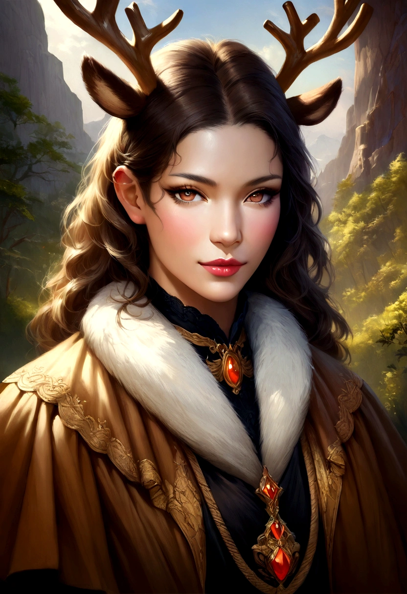 (reindeer),oil,Beautiful natural scenery,Fine fur,Brown eyes and horns. (Highest quality,High resolution,Vibrant colors)(Realistic:1.37)(Portraiture)