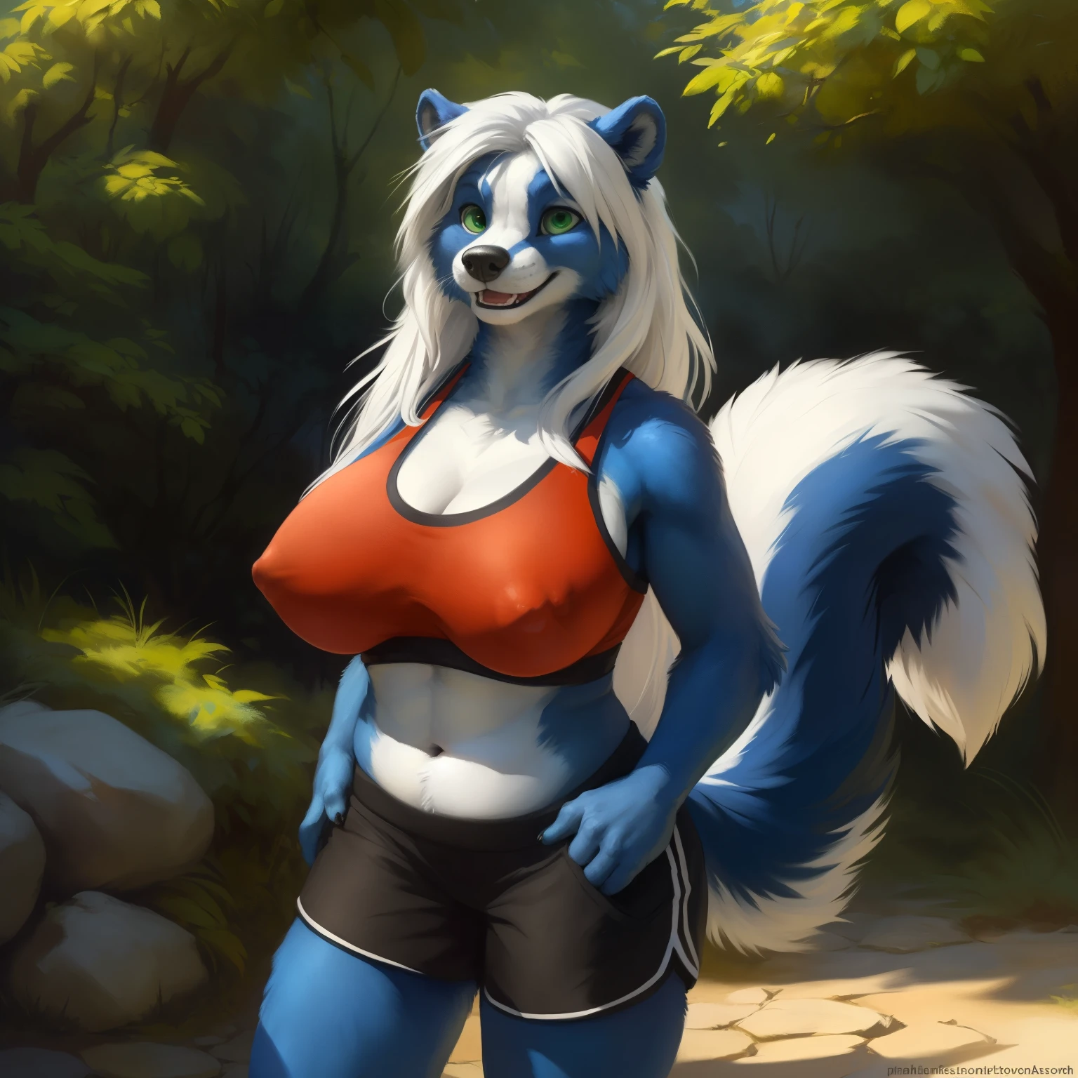 front view, close up view, third person view, stone wall, a beautiful and detailed portrait of a huge female feral mephitid, skunk, ((royal blue body, white skin, long hair, white hair, green eyes)), tail, kenket, voluptuous, Ross Tran,ruan jia, trending on artstation,foxovh, cenematic lighting, vip, body, full body, looking at viewer, standing, park, behind bushes, happy, big , big , big , big , (((red sports bra, nipple outline, black shorts, covering body, black shoes)), front view, front shot,
