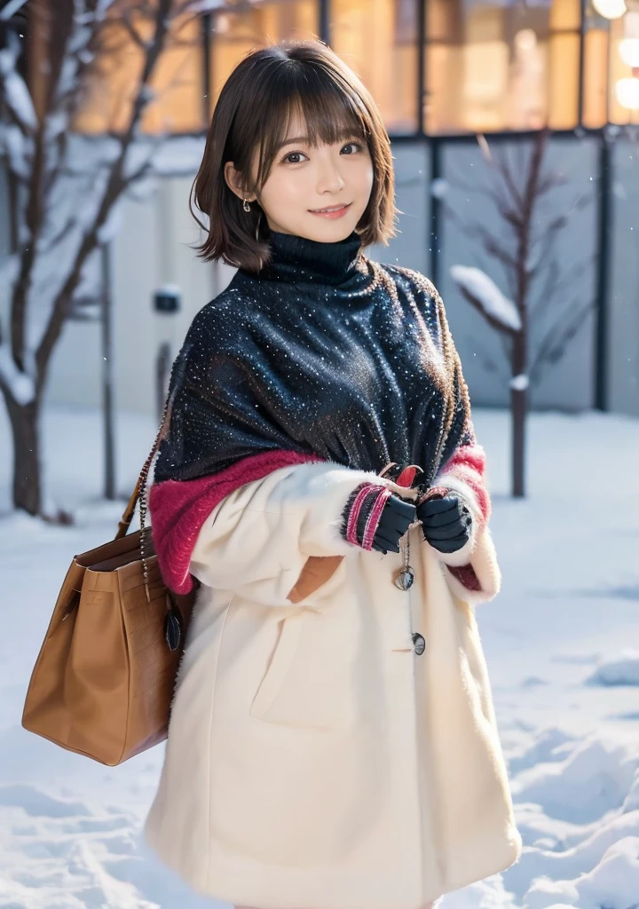 Holding a kitten、Photo from the waist up、Night city illumination shot、Cowgirl Shot、Fur coat、豪華なグレーのミンクのFur coat、Wear fine leather boots、Luxury Bags、Inner turtleneck、Silver necklace and small silver earrings Millionaire style:1.4))、Full body photo、smile、 Caustics、Highly detailed photos、Very beautiful woman 、Ample breasts、No makeup、(8K、RAW Photos、Highest quality、masterpiece:1.2)、(Realistic、Realistic)、1 Girl、((Medium Short Hair、Midwinter、Cold region Snow falling、The wind is blowing、Fluttering Hair、Blur the background、Colorful illuminations、Looking into the camera:1.4))、