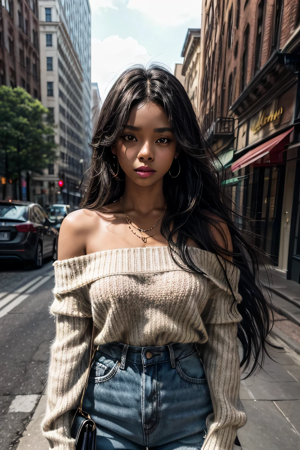 1 black girl, age 25, standing alone, long hair, Colossal , gazing at viewer, slickedback hair, bared shoulders, eyes browns, jewelry, whole body, a necklace, off the shoulders, Printed sweaters , realisitic, sexly
