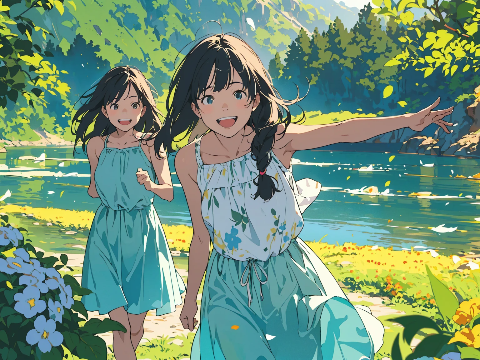 Reasonable design, Clear lines, High Sharpness, (Highest quality,8K,Perfect sharpness,Ultra fine,High resolution,masterpiece:1.2), Perfect Anatomy:1.5, Official Art, Illustrations that tell a story, (Whitish background:0. 9)、Body Positivity、多Mr.な身体表現、(Random and energetic poses)、Perfect beauty、Perfect beautiful face、Strong winds、A rich expression、Dynamic composition、smile、Golden ratio composition、colorful、((Mr.々Different angles and perspectives))、Anime Art、(Mini dress)、(Overcoming stereotypes)、 Glowing Skin、(Natural beauty)、smile、Bangs、(Soft and flowing hair)、(countryside)、(Nostalgic atmosphere)、Put it up to your thighs、(Playful and carefree)、(多Mr.な民族のキャラクター)、(innocent attitude)、(Sunny atmosphere)、(The skirt flutters wildly in the wind)、(Bright colors)、Beautiful Eyes、(Embarrassing)、Braided Hair、Summer Scene、Smiling among flowers、Side angle、