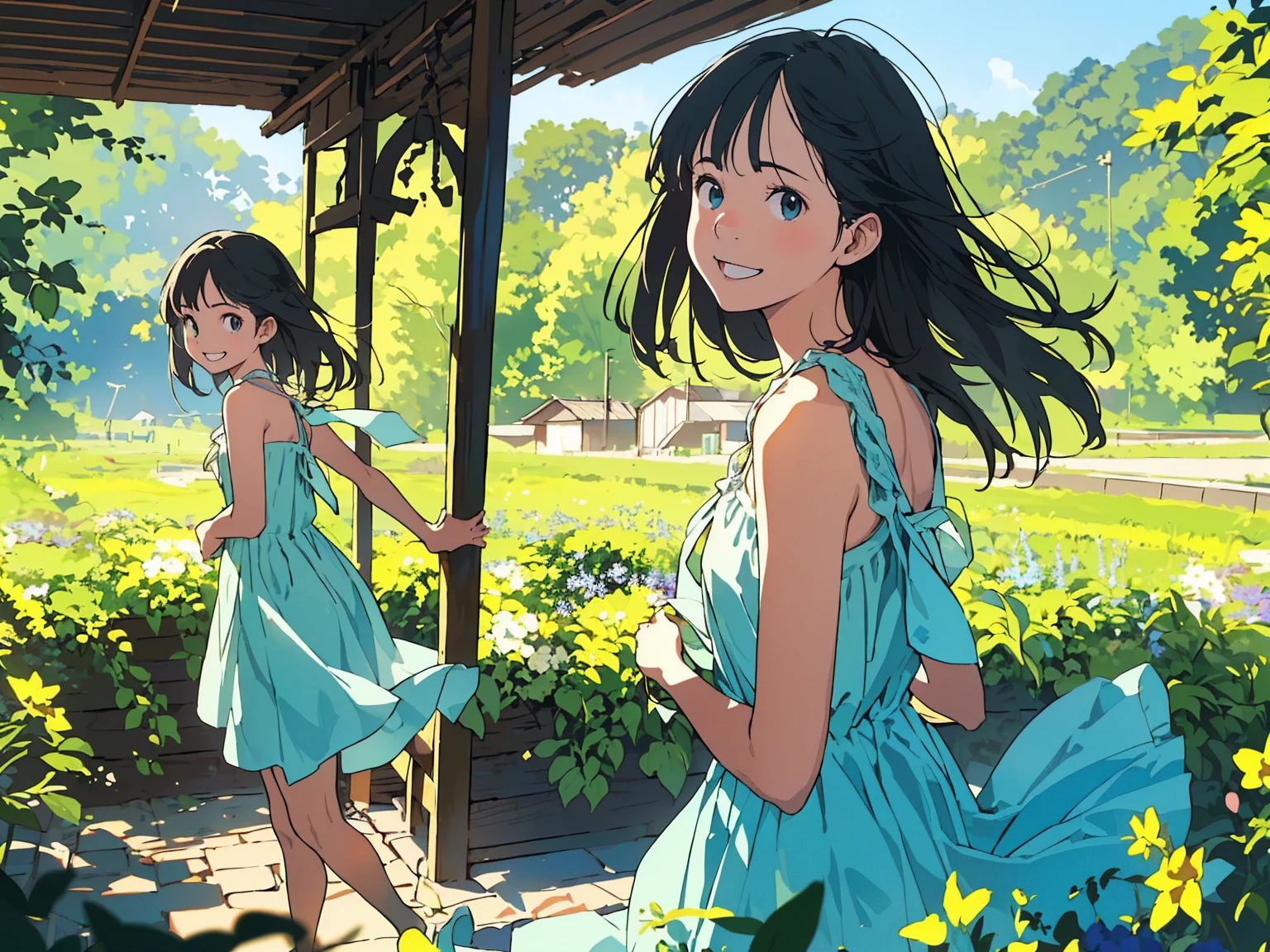 Reasonable design, Clear lines, High Sharpness, (Highest quality,8K,Perfect sharpness,Ultra fine,High resolution,masterpiece:1.2), Perfect Anatomy:1.5, Official Art, Illustrations that tell a story, (Whitish background:0. 9）、Body Positivity、多Mr.な身体表現、（Random and energetic poses）、Perfect beauty、Perfect beautiful face、Strong winds、A rich expression、Dynamic composition、smile、Golden ratio composition、colorful、（(Mr.々Different angles and perspectives)）、Anime Art、(Mini dress)、（Overcoming stereotypes）、 Glowing Skin、（Natural beauty）、smile、Bangs、（Soft and flowing hair）、（countryside）、（Nostalgic atmosphere）、Put it up to your thighs、（Playful and carefree）、（多Mr.な民族のキャラクター）、（innocent attitude）、（Sunny atmosphere）、(The skirt flutters wildly in the wind)、（Bright colors）、Beautiful Eyes、(Embarrassing)、Braided Hair、Summer Scene、Smiling among flowers、Side angle、