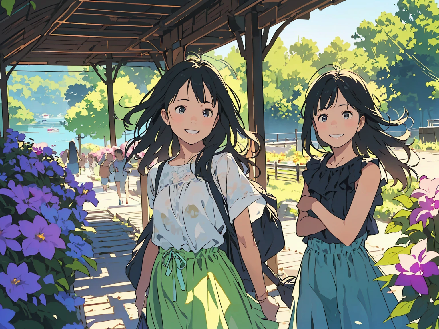 Reasonable design, Clear lines, High Sharpness, (Highest quality,8K,Perfect sharpness,Ultra fine,High resolution,masterpiece:1.2), Perfect Anatomy:1.5, Official Art, Illustrations that tell a story, (Whitish background:0. 9)、Body Positivity、多Mr.な身体表現、(Random and energetic poses)、Perfect beauty、Perfect beautiful face、Strong winds、A rich expression、Dynamic composition、smile、Golden ratio composition、colorful、((Mr.々Different angles and perspectives))、Anime Art、(Mini dress)、(Overcoming stereotypes)、 Glowing Skin、(Natural beauty)、smile、Bangs、(Soft and flowing hair)、(countryside)、(Nostalgic atmosphere)、Put it up to your thighs、(Playful and carefree)、(多Mr.な民族のキャラクター)、(innocent attitude)、(Sunny atmosphere)、(The skirt flutters wildly in the wind)、(Bright colors)、Beautiful Eyes、(Embarrassing)、Braided Hair、Summer Scene、Smiling among flowers、Side angle、