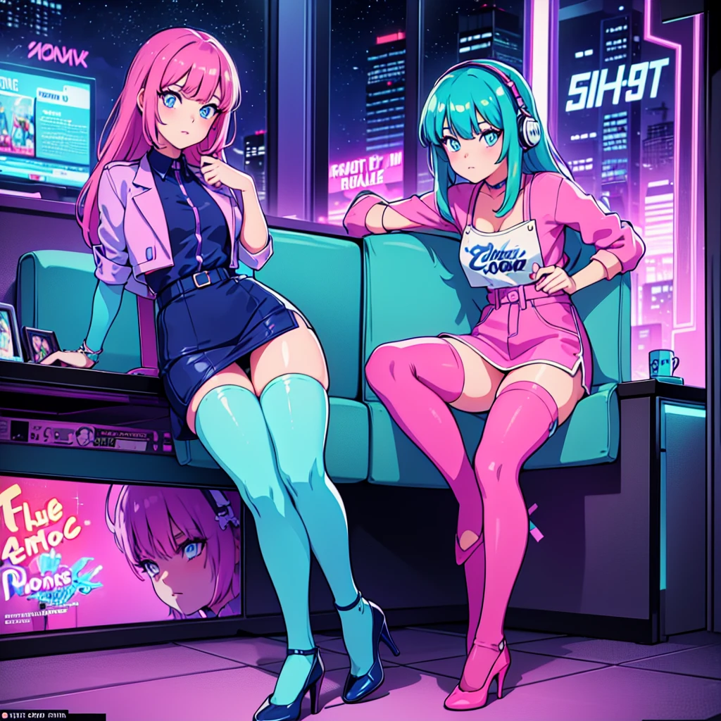 (masterpiece), Highest quality, Expressive eyes, Neon pastel aesthetics, Retro 90s, Neon color,((Girl sitting on sofa,In a cozy room,Records hanging on her wall, Comic books on the floor, Looking out the window behind her at the night city, Upholstered room, Anime figures lined up on a shelf)), Wearing headphones, (All around her it sparkles), (Wearing high socks and heels), (blue eyes), (Soft look), (Synthwave Art Style), Colorful Hair, Desk with PC set up