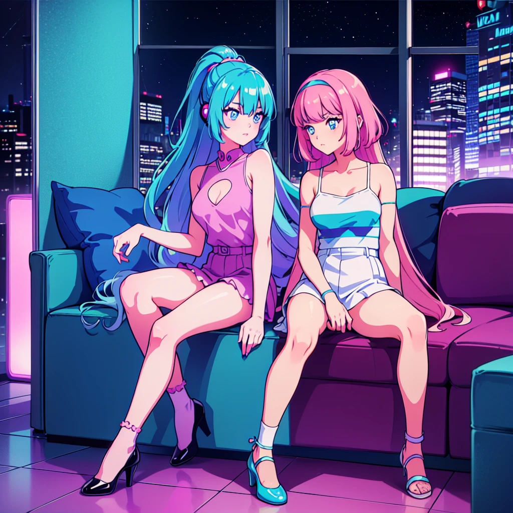 (masterpiece), Highest quality, Expressive eyes, Neon pastel aesthetics, Retro 90s, Neon color,((Girl sitting on sofa,In a cozy room,Records hanging on her wall, Comic books on the floor, Looking out the window behind her at the night city, Upholstered room, Anime figures lined up on a shelf)), Wearing headphones, (All around her it sparkles), (Wearing high socks and heels), (blue eyes), (Soft look), (Synthwave Art Style), Colorful Hair, Desk with PC set up