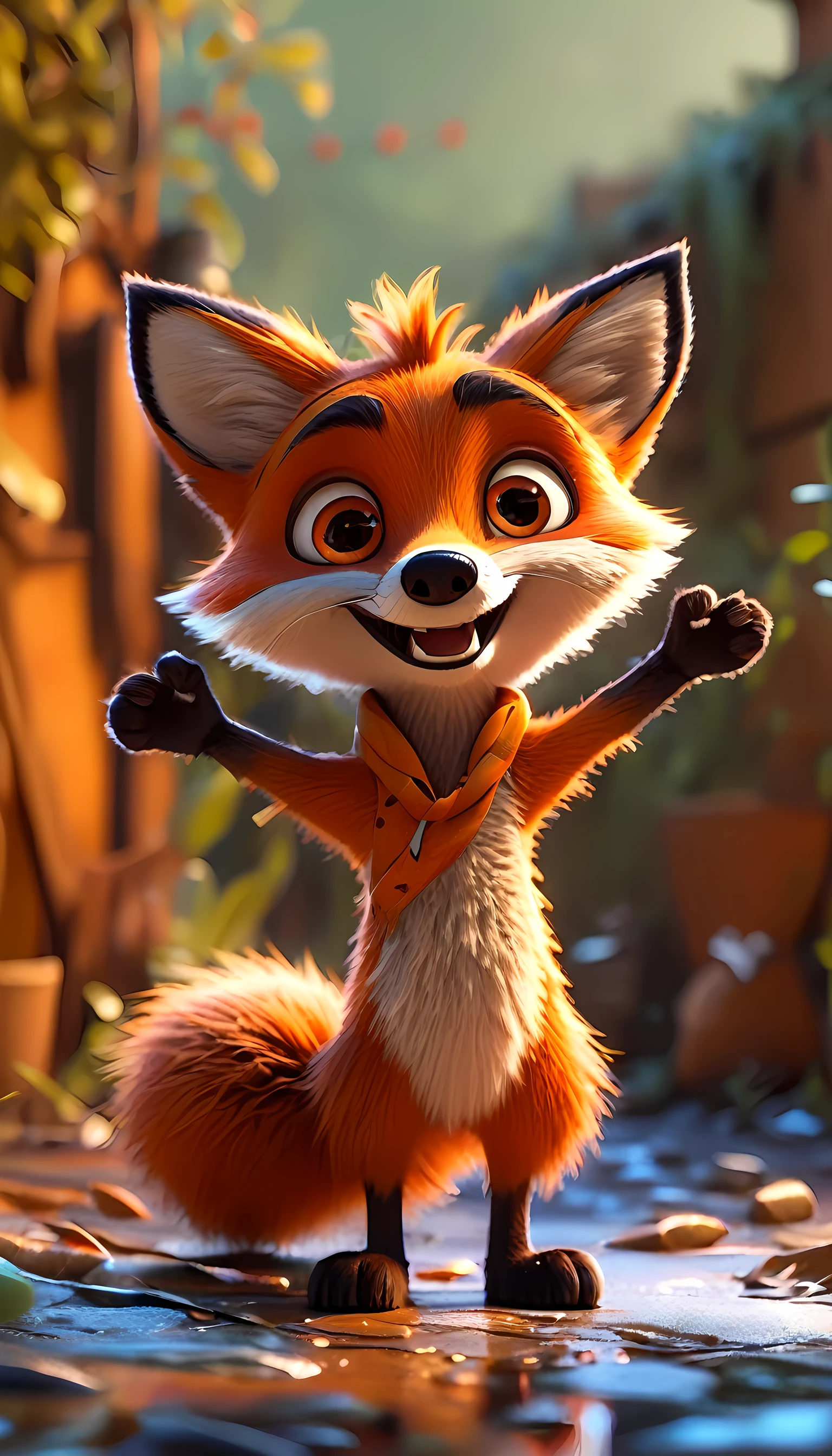 cute tiny foxy, cartoon , arms, hands ,cute eyes, looking at viewer, arms up, dirty background, hairy