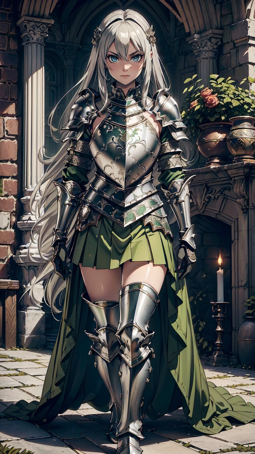 最high quality、Ultra High Definition, Ultra High Quality, Hyper Definition, Hyper Quality, Hyper Detailed, Extremely Detailed, Perfectly Detailed, Best image quality、masterpiece、woman((20-year-old、super dynamic pose , legs bent at the knees, Green solid eyes, Silver long Hair、Disheveled Hair、Long White Hair、thin,  Glove、Green Skirt, Noble Armor, Smirk、Detailed Cuirass , Dressed in Full Coverage Noble Plate Armor)),high quality、Beautiful art、background((Inside the mansion))、Written boundary depth、  movie、Visual Arts、Perfect art、8K,Genuine、