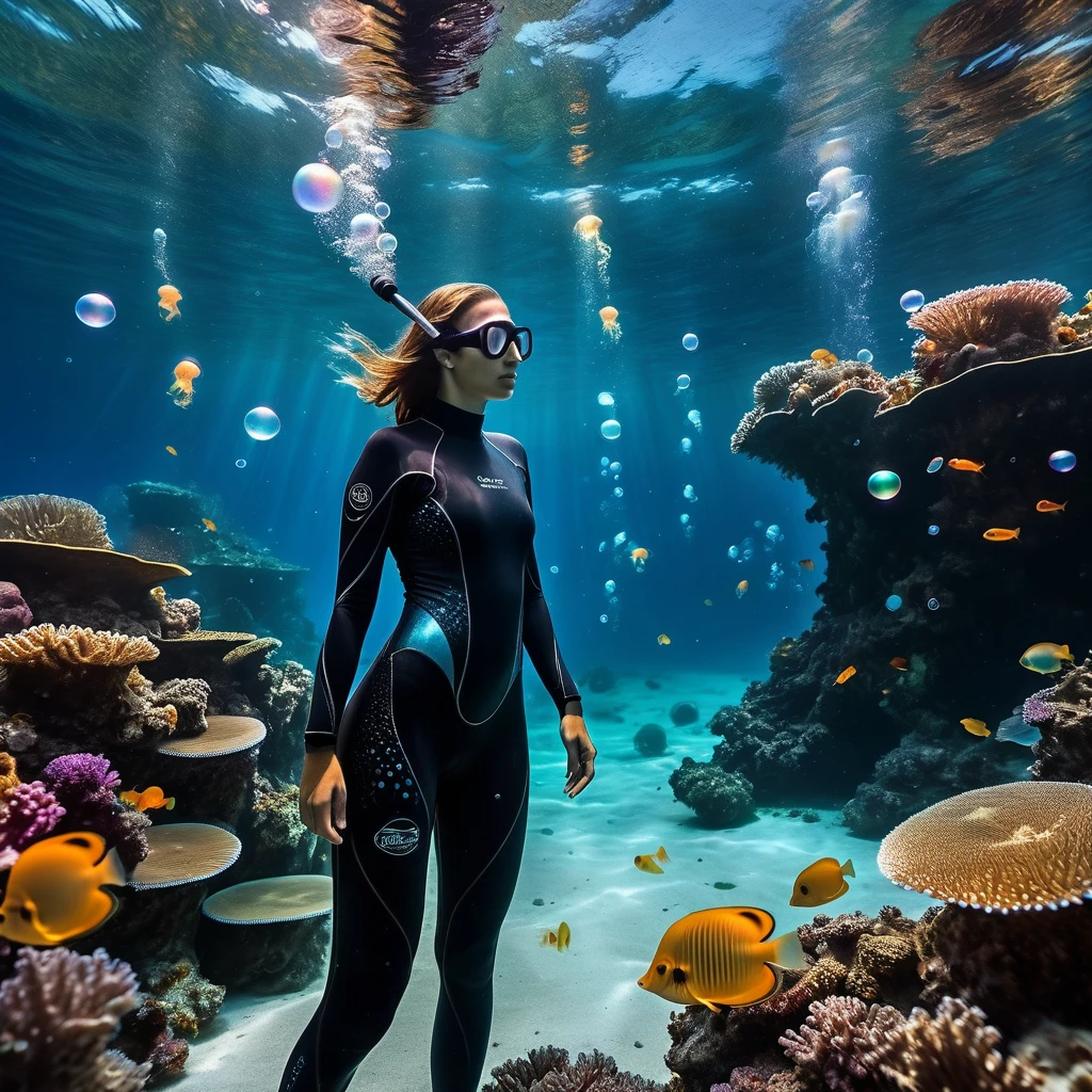 a endless ocean at night. partially underwater shot A huge luminescent barrier reef with glowing fishes and jellyfishes. incorporate floating bioluminescent orbs that drift lazily through the water, casting a soft glow. deep dark sea with translucent silhouettes of mythical sea creatures in the background, barely visible. A woman freediving just below the surface with palm just below the surface wearing futuristic gear dressed in a finely detailed shorty wetsuit that seems woven from celestial fabric absorbed by the wonders of the universe The bodice has irised fish scale patterns in layers. bubbles, splashes, waves, Envelop the entire scene in a soft, shimmering haze that adds to the ethereal quality. (best quality,4k,8k,highres,masterpiece:1.2), ultra-detailed, (realistic, photorealistic, photo-realistic:1.37),  HDR,UHD,studio lighting, physically-based rendering, extreme detail description, professional, concept artists, vivid colors, landscape, realism colors,