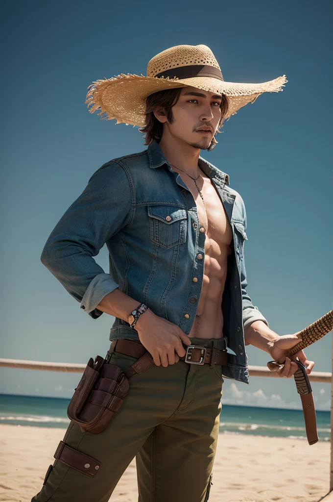 Free fire game style male character, an alligator with a straw hat