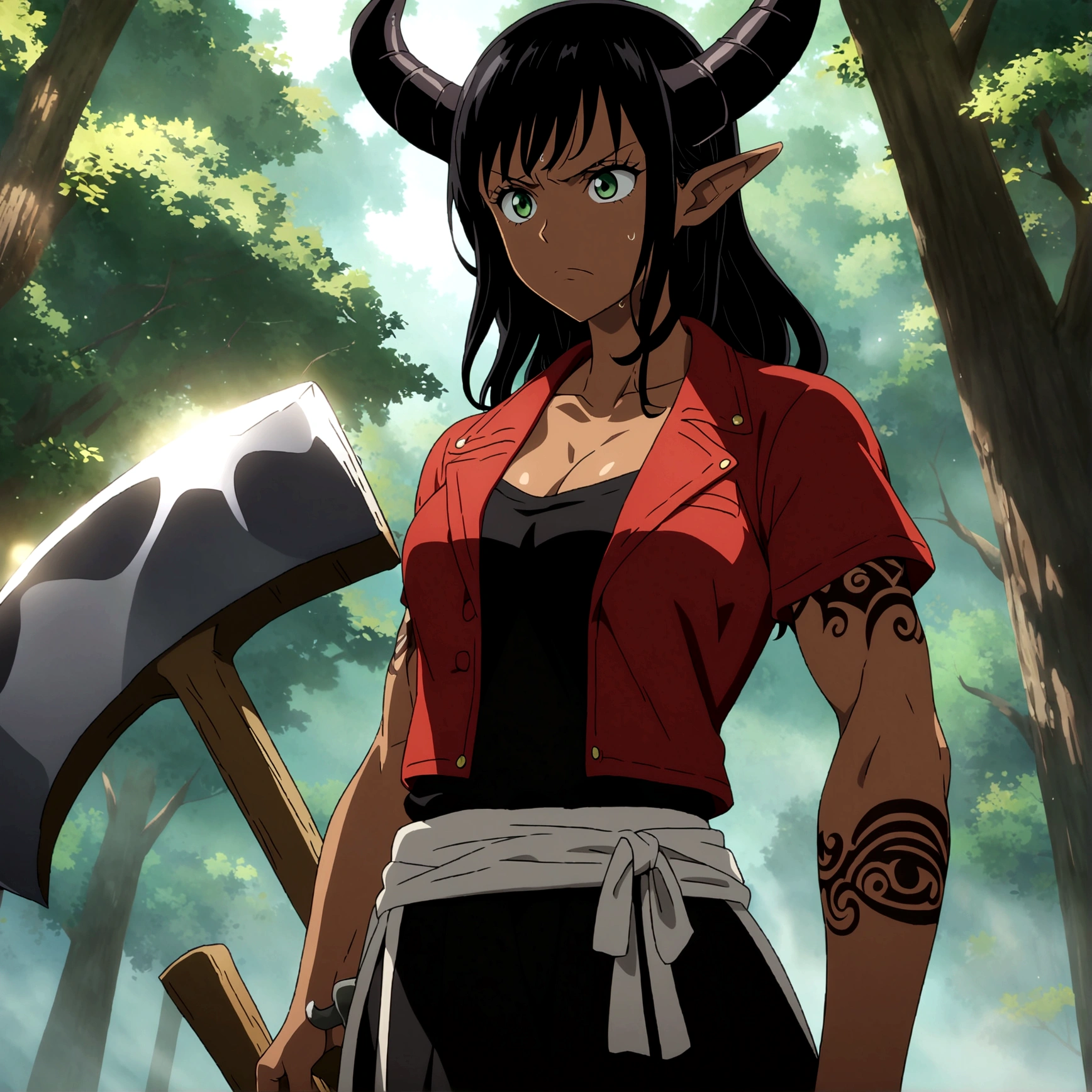 Female, dark skin, tall, muscular and robust body, long black hair, black horns, green eyes, tribal tattoos, black blouse, red jacket, holding a large lumberjack axe, serious expression, forest background, anime lines inspired by One Piece, Drenched in dramatic and incredible lighting, dramatic lighting, infused with creative details, ultra-fine 2D design, scenery bathed in creativity, bathed in creativity, boasting HD anime resolution clarity, HD anime graphics, high-octane rendering