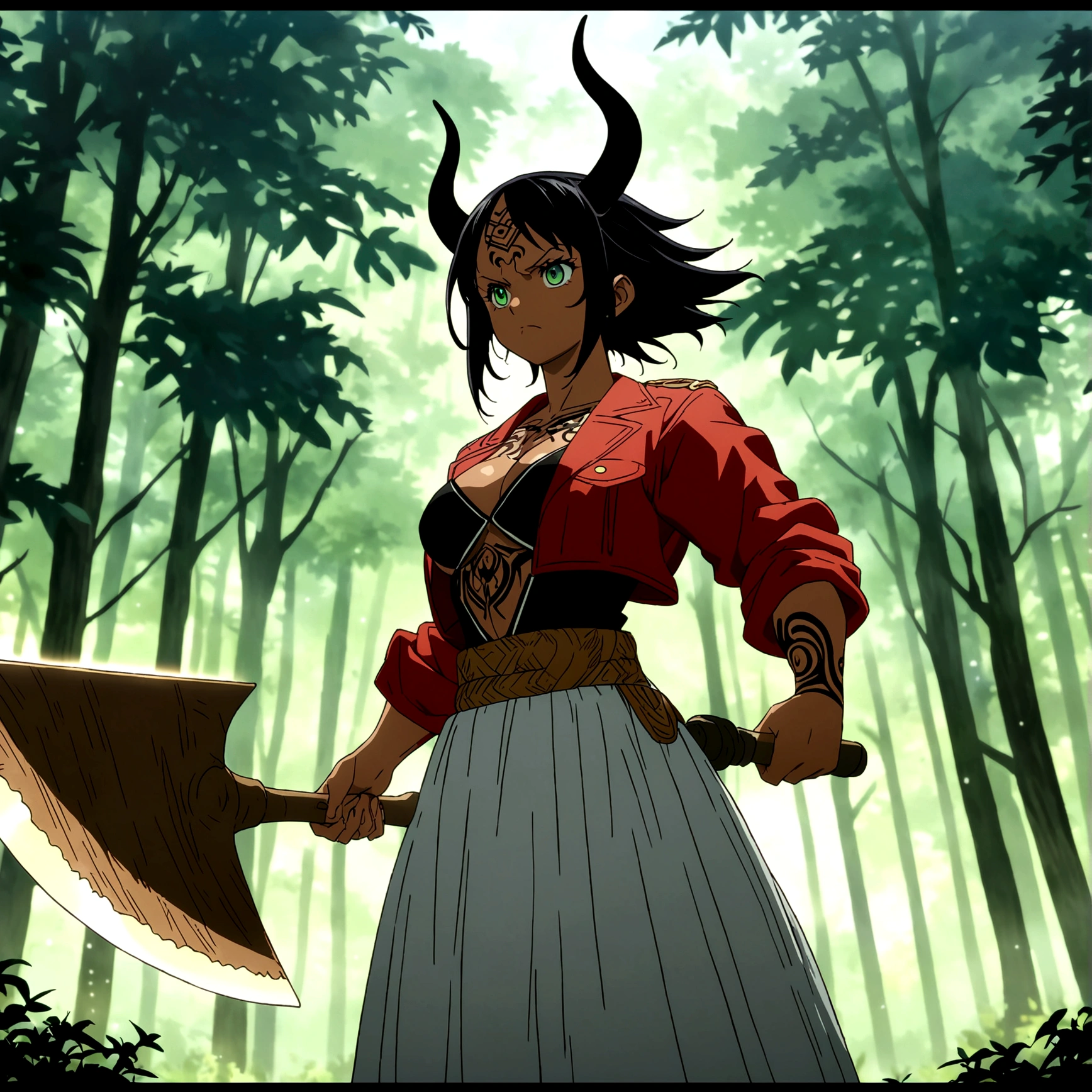 Female, dark skin, tall, muscular and robust body, long black hair, black horns, green eyes, tribal tattoos, black blouse, red jacket, holding a large lumberjack axe, serious expression, forest background, anime lines inspired by One Piece, Drenched in dramatic and incredible lighting, dramatic lighting, infused with creative details, ultra-fine 2D design, scenery bathed in creativity, bathed in creativity, boasting HD anime resolution clarity, HD anime graphics, high-octane rendering