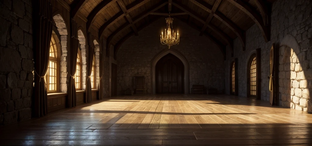 inside old and dark medieval castle, many gold coins on the floor, dark lighting