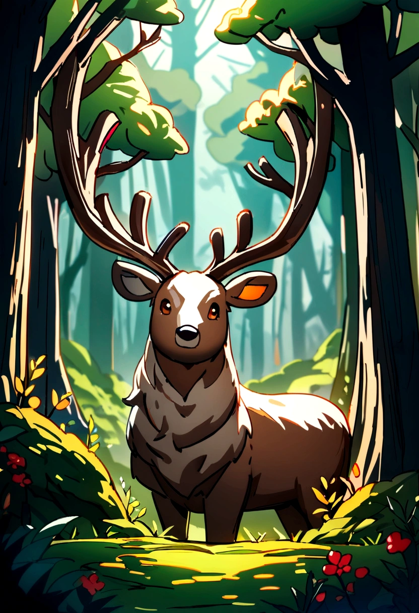 (reindeer),oil,Beautiful natural scenery,Fine fur,Brown eyes and the forest. (Highest quality,High resolution,Bright colors)(Real Stick:1.37)(Portraiture)