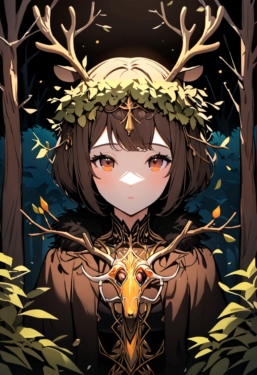 (reindeer),oil,Beautiful natural scenery,Fine fur,Brown eyes and the forest. (Highest quality,High resolution,Bright colors)(Real Stick:1.37)(Portraiture)