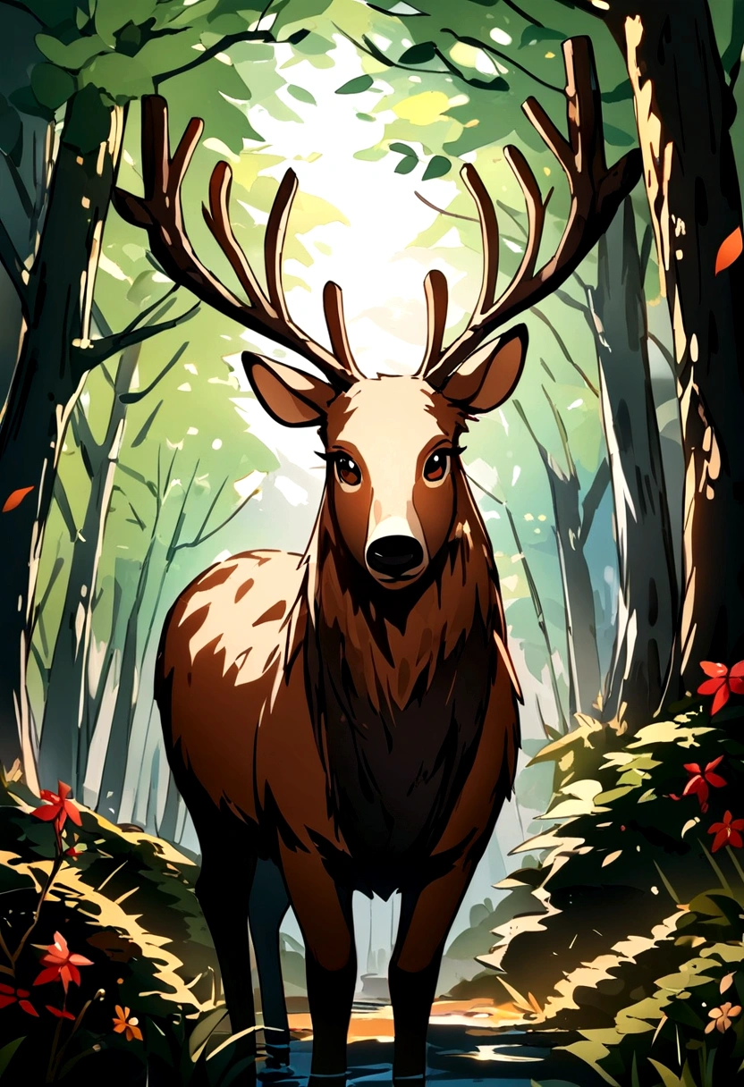 (reindeer),oil,Beautiful natural scenery,Fine fur,Brown eyes and the forest. (Highest quality,High resolution,Bright colors)(Real Stick:1.37)(Portraiture)
