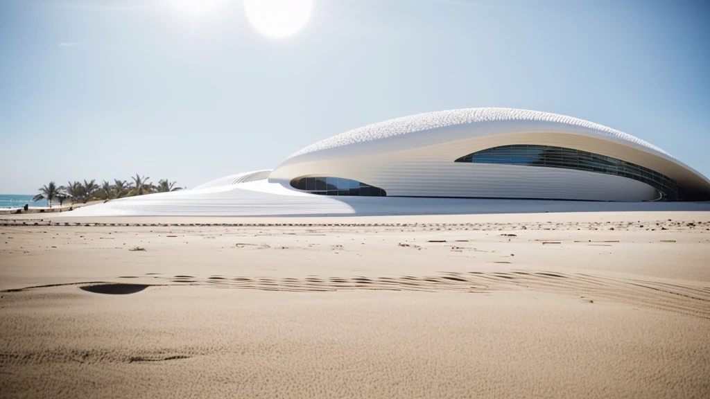 raw-photo, (biomorphic museum building seen from outside), ((front elevation)), (limestone), Curvilinear, curved edges, Mediterranean sea environment, white sky, (diffuse light:1.3) (white sand), minimal style, dirty particles, architectural photography, hyperrealisti, super verbose, 8K, Nikon Z6 mirrorless camera, Film grain