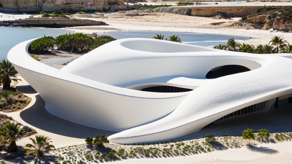 raw-photo, (biomorphic museum building seen from outside), ((front elevation)), (limestone), Curvilinear, curved edges, Mediterranean sea environment, white sky, (diffuse light:1.3) (white sand), minimal style, dirty particles, architectural photography, hyperrealisti, super verbose, 8K, Nikon Z6 mirrorless camera, Film grain