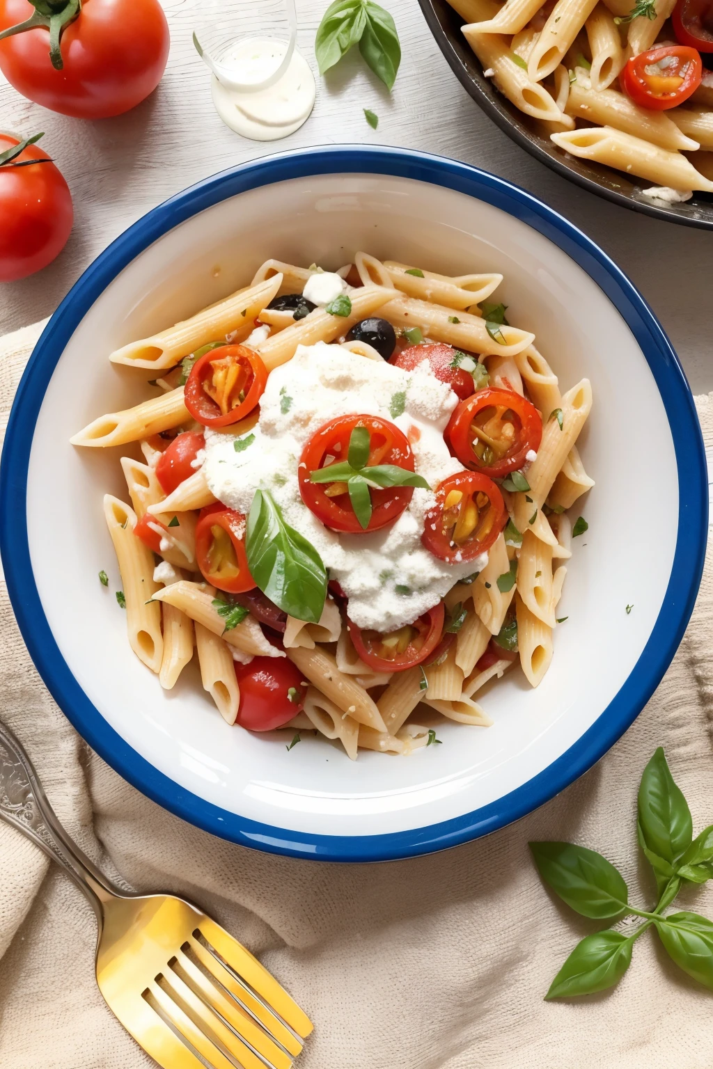 penne pasta dish with tomatoes, olives , onion and white sauce