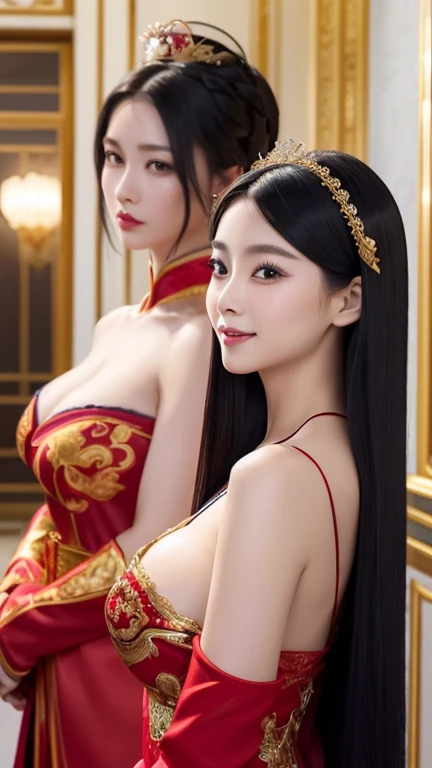 (((Two Chinese beauties)))、((Standing side by side))、((Angle of view from the side))、((Look this way))、((The beautiful woman on the right is wearing a bright red outfit))、(((The beauty on the left is wearing a royal blue outfit.)))、((Two beautiful women in different colored costumes))、21 years old、(Very heavy makeup:1.2)、(Slanted Eyes:1.3)、(long narrow eyes:1.3)、Shiny Hair、Glowing Skin、Very white skin、Jet Black Hair、Straight long hairstyle、Big eyes、Double eyelids、Luxury Chinese palace、(Standing in the palace corridor)、(Golden luxurious hair ornament)、(Patterned costume of a Chinese queen)、Luxurious and gorgeous、(huge breast:1.3)、(Exposed Skin:1.4)、(Smile with your mouth closed)、((Angle of view from chest up))、((right side girl brilliant red))、((left side girl royal blue))