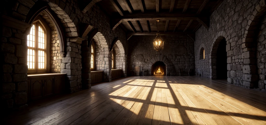 inside old and dark medieval castle, many gold coins on the floor, dark lighting, no windows