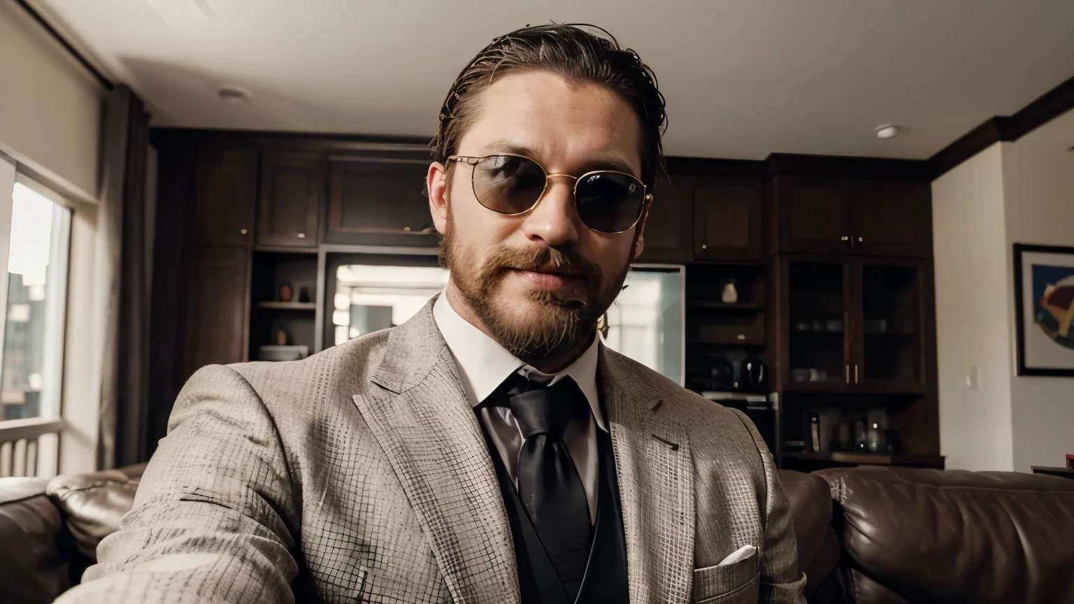 selfie , of a manly man strong and handsome , looking like tom hardy ,businessman ,smiling to camera , american man, with big moustache and beard , dressed in a suit and sunglasses , youtuber , in a bright living room , youtuber ambiance, influencer , ultra detail, high resolution, ultra detailed, best quality, amazing, top quality, extremely detailed CG unity 8k wallpaper, cinematic lighting,