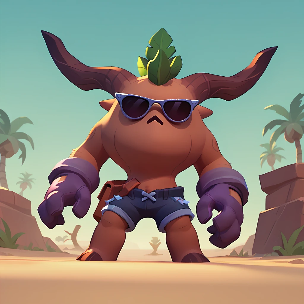 a dark creature resembles a living tree trunk, wearing sunglasses, wearing shorts and purple gloves