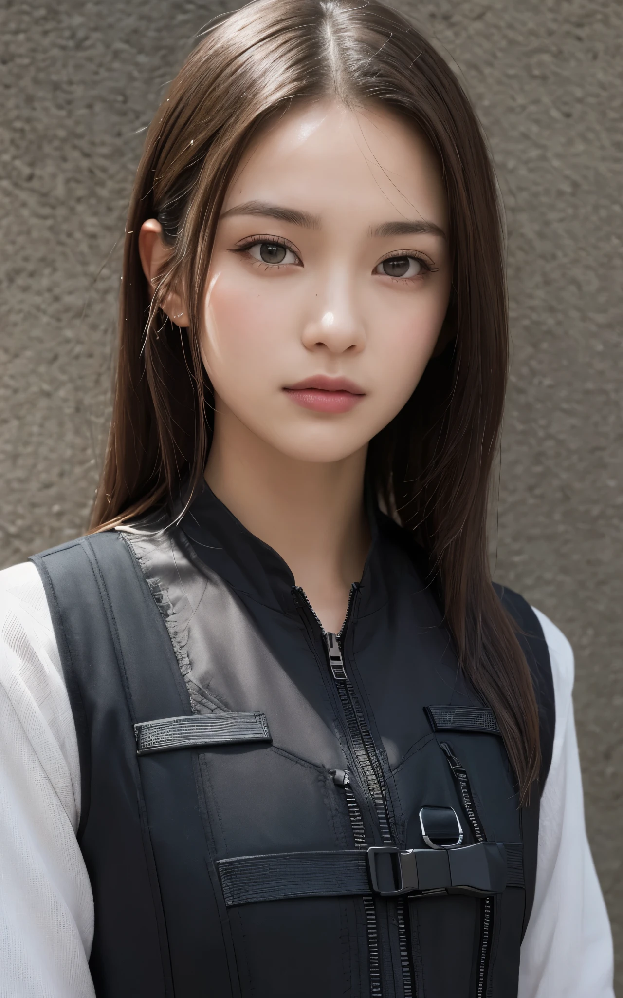 ((Best Quality, 8K, Masterpiece: 1.3, best quality)), photorealistic, photorealism, high resolution, ((face close up:1.2)), (detailed face skin, reallistic, Photorealsitic:1.37), face of 1girl , looking at the viewer, (Detailed face), medium long hair, (wearing dark rubber suit, tactical vests, military harness, high-tech headset), concrete wall background,