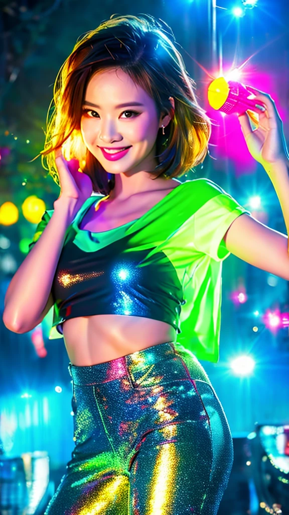 

4K airbrush oil painting shiny skin, beautiful indonesian woman, short shoulder length hair in rocker clothes, torn t-shirt, torn tights, looking at the camera smiling and happily raising her hands, catching falling glowing neon hearts, raining small neon hearts, blue face glowing, happiness lights up his face, on the background of a magical night forest, neon light, soft bokeh,

