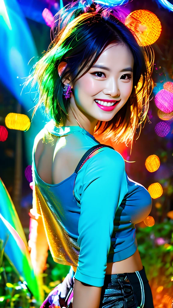 

4K airbrush oil painting shiny skin, beautiful indonesian woman, short shoulder length hair in rocker clothes, torn t-shirt, torn tights, looking at the camera smiling and happily raising her hands, catching falling glowing neon hearts, raining small neon hearts, blue face glowing, happiness lights up his face, on the background of a magical night forest, neon light, soft bokeh,

