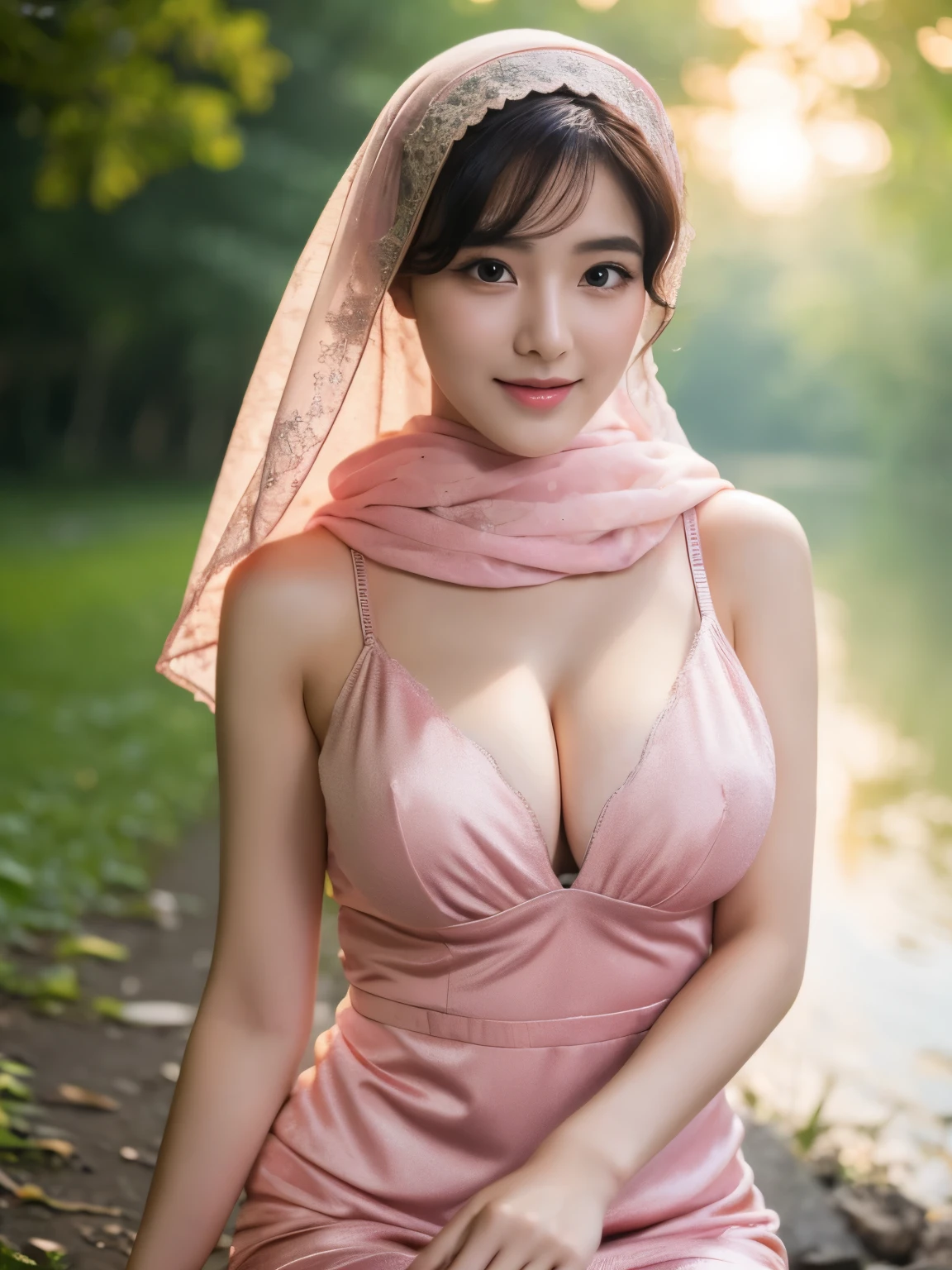 ((best qualtiy,8K,tmasterpiece:1.3)),Perfect beauty:1.4,glute:1.2,(Layered Hair Style:1.2)),(the street:1.3),Highly Detailed Face and Skin Textur,full bodyesbian,Elaborate Eyes,double eyelid,Whitens the skin,Short wave hair,Cute Korean beauty(with a round face:1.5),(Black top,short skirt:1.6)ssmile, large breasts, cleavage , girl, wearing a hijab, wearing a tight light pink kebaya dress, big breasts, cleavage, panties, standing in the river, details of twilight light, shady trees, high resolution, masterpiece, best quality, detail, realistic