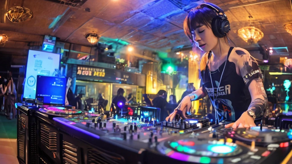 woman in pink dress playing music on a dj set in front of a laptop, dj at a party, dj sura, dj set, djing with dj turntables, dj, having a good time, turntablism dj scratching, dj rave party, unknown artist, turntablist, “house music rave with dancers, album art, playing techno house music, fanart