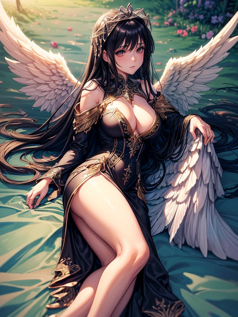 ((best quality)),(Ultra-high resolution),(Super detailed),(Detailed description),((Best CG))(Fantasy art with precise details:1.5), Black Hair,European classical long dress,Elizabeth neckline,(1 Female Angel:1.6),Angel Wings,side,Injuried,Blood,Half kneeling,Serious expression,get shot,Being chopped