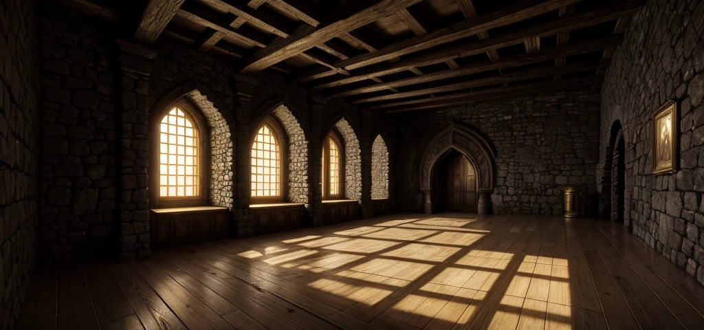 inside old and dark medieval castle, many gold coins on the floor, dark lighting, no windows