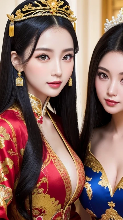 high-level image quality、closeup portrait:1.4,detailed faces,Like a shot with an SLR、Sensual body,thighs、slit、Painting a work of art depicting two women in a tanslucent traditional cheongsam sitting together,duo,((sisterhood)),front view,rendering by octane, hdr,leering:1.3,topknots,hairbuns,Chinese hair ornament:1.4,Chinese hairpins:1.4,Chinese hairsticks:1.4,Fireflies, night, starry sky, jewelry,light particles, (fantasy: 1.2), stars, fantasy,